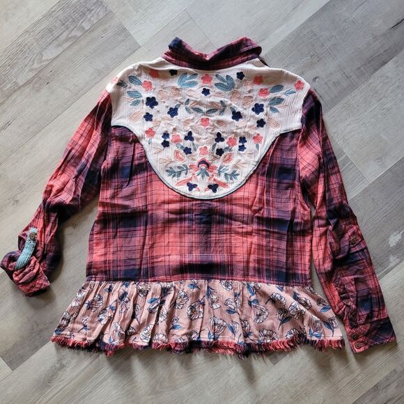 JOHN MARK Medium Plaid Embroidery Flannel Peplum Cottagecore Boho Floral Southwe - Picture 5 of 7